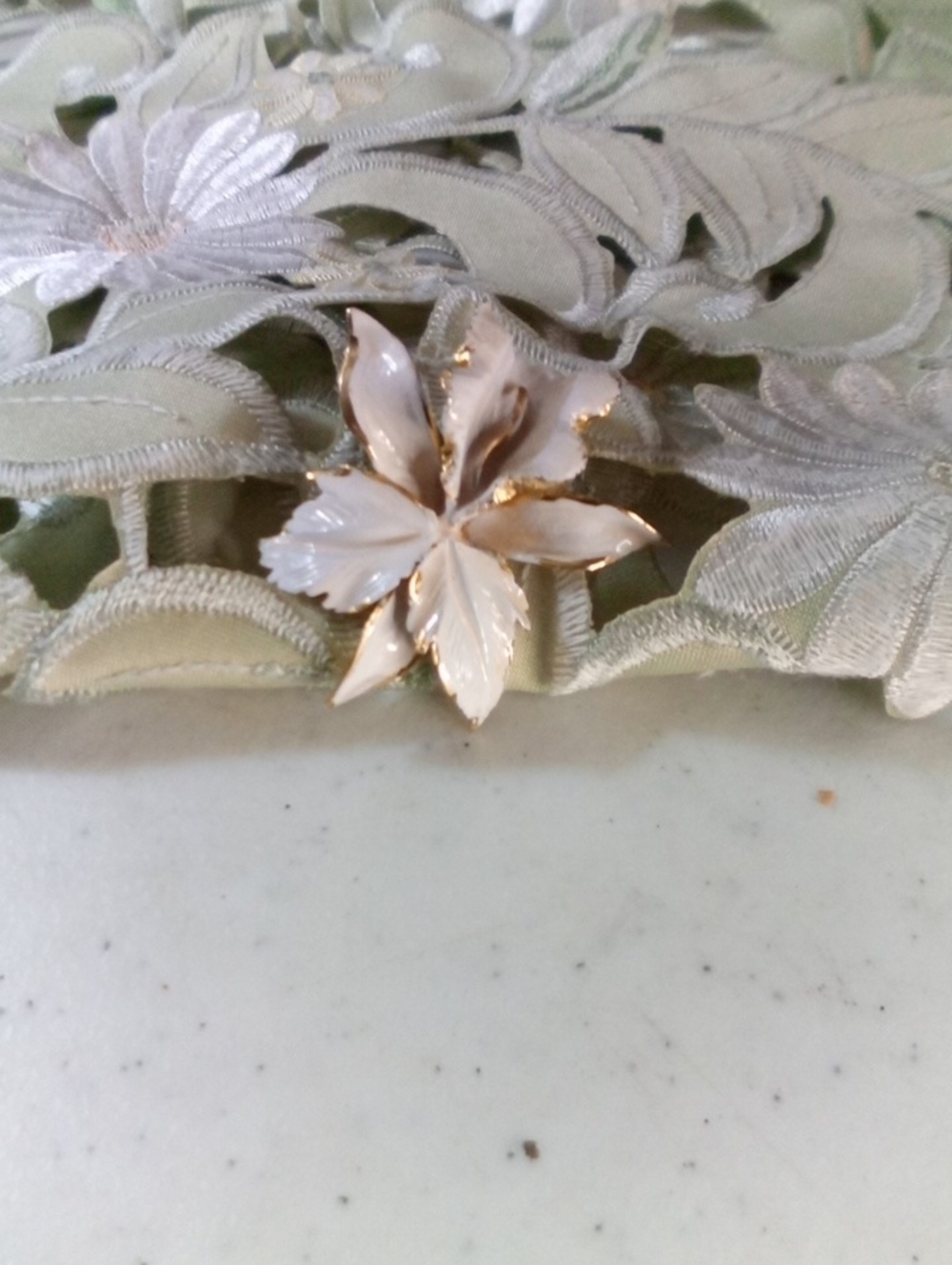 White Enamel Floral Brooch with Gold Trim